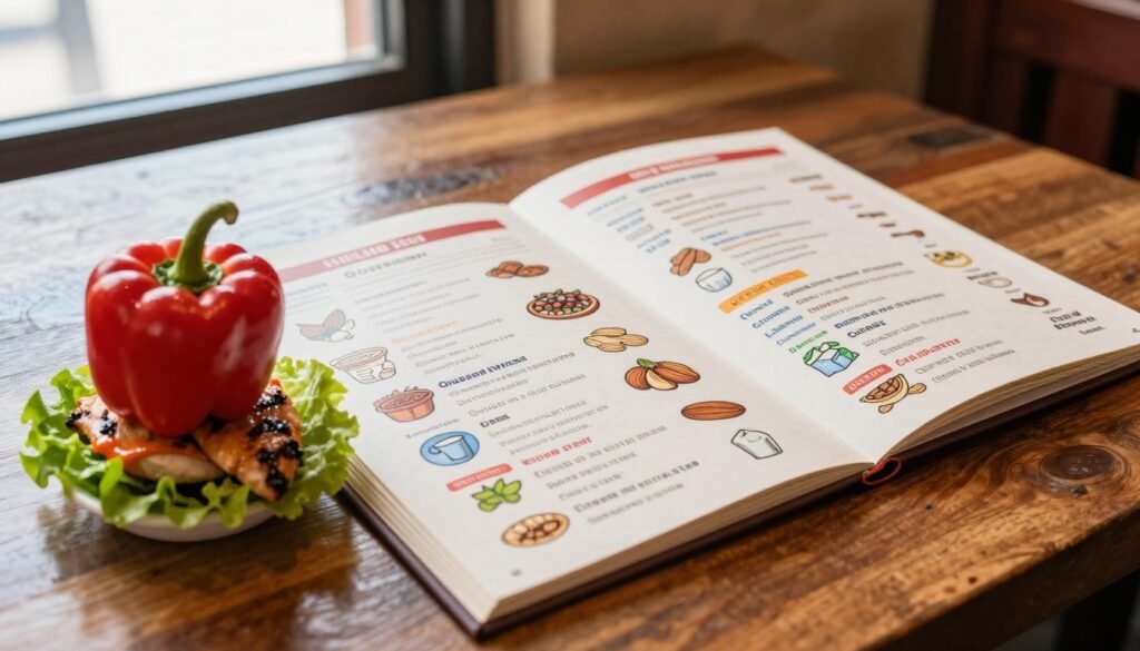 A detailed view of Chili's allergen menu displayed prominently on a wooden table. The menu should be open, showcasing colorful icons representing different allergens like gluten, nuts, and dairy, arranged in a clear, easy-to-read format. In the foreground, a small stack of vibrant ingredients like fresh peppers, lettuce, and grilled chicken is artfully placed beside the menu, hinting at the delicious choices available. Soft, natural lighting filters in from an unseen window in the background, creating a warm and inviting atmosphere. The setting should convey a casual dining experience, highlighting a welcoming restaurant ambiance with subtle hints of Chili's decor, such as rustic elements and a cozy feel. The angle should be slightly above the table level, capturing both the menu and the inviting ingredients.
