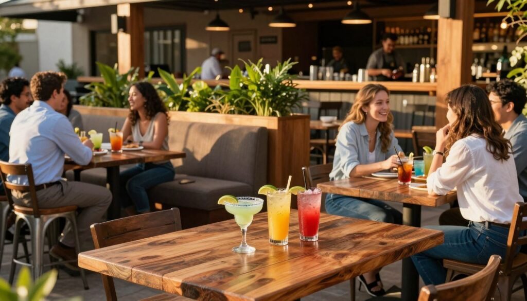 A lively and inviting Chili's Happy Hour seating area during golden hour. In the foreground, a beautifully set, rustic wooden table with colorful drink specials, including vibrant margaritas and cocktails garnished with lime slices. Stylish guests dressed in casual yet professional attire are engaged in friendly conversation, embodying a relaxed atmosphere. The middle layer features cheerful bar stools and a cozy booth, complete with lush green plants and warm wooden accents that create a welcoming environment. In the background, a faint glow from hanging pendant lights illuminates the bar area, where bartenders prepare drinks. Soft ambient light enhances the overall mood, fostering a sense of camaraderie and enjoyment, perfect for a Happy Hour experience.