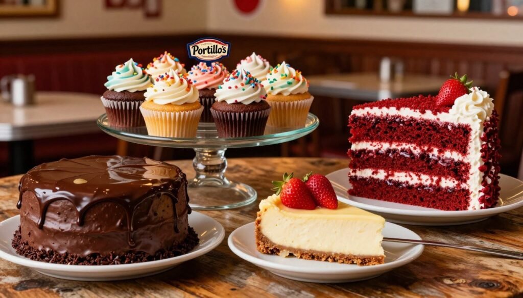 A mouthwatering assortment of Portillo's decadent desserts displayed on a rustic wooden table. In the foreground, a rich chocolate cake with glossy ganache, a creamy slice of cheesecake topped with fresh strawberries, and a towering layer of vibrant red velvet cake adorned with velvety frosting. The middle ground features an inviting glass pedestal holding a variety of colorful cupcakes, each decorated with playful sprinkles and intricate icing designs. Soft, warm lighting highlights the textures and glossiness of the desserts, creating a cozy and indulgent atmosphere. In the background, blurred out, hints of a lively diner setting with warm tones and soft-focus details to evoke the feeling of a bustling eatery. Capture the essence of indulgence and sweetness in a sophisticated yet inviting perspective.