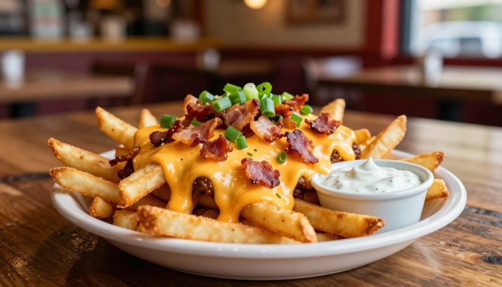 A mouthwatering plate of Chili's Texas Cheese Fries, overflowing with melty cheddar cheese and topped with crispy bacon bits and fresh green onions, positioned prominently in the foreground. The fries are golden brown and perfectly crisp, garnished with a side of tangy ranch dressing for dipping. In the middle ground, a rustic wooden table adds warmth, and a subtle hint of a vibrant restaurant ambiance can be seen blurred in the background, with soft, warm lighting creating an inviting atmosphere. Use a shallow depth of field to emphasize the fries, with a slight angle that draws the viewer's eye toward the delicious details. The mood is casual and inviting, perfect for a lunchtime treat shared among friends. Ensure the image is bright, appetizing, and engaging without any text or watermarks. A mouthwatering plate of Chili's Texas Cheese Fries, overflowing with melty cheddar cheese and topped with crispy bacon bits and fresh green onions, positioned prominently in the foreground. The fries are golden brown and perfectly crisp, garnished with a side of tangy ranch dressing for dipping. In the middle ground, a rustic wooden table adds warmth, and a subtle hint of a vibrant restaurant ambiance can be seen blurred in the background, with soft, warm lighting creating an inviting atmosphere. Use a shallow depth of field to emphasize the fries, with a slight angle that draws the viewer's eye toward the delicious details. The mood is casual and inviting, perfect for a lunchtime treat shared among friends. Ensure the image is bright, appetizing, and engaging without any text or watermarks.