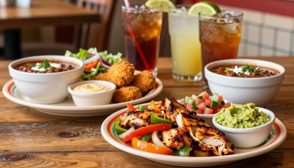 A vibrant and inviting display of Chili's lunch specials spread across a rustic wooden table. In the foreground, feature a colorful plate of fresh, sizzling fajitas with vibrant bell peppers, onions, and marinated chicken, accompanied by guacamole and pico de gallo. In the middle, add classic Chili's crispy chicken crispers with a side of honey mustard dipping sauce, paired with a bowl of chili and a fresh garden salad. In the background, softly blurred, include an assortment of drinks like iced tea and margaritas in frosty glasses, enhancing the lunchtime atmosphere. Use warm, natural lighting to create a welcoming feel, capturing the essence of a busy Chili's restaurant lunch scene. Emphasize a cheerful and appetizing ambiance suitable for a midday dining experience. A vibrant and inviting display of Chili's lunch specials spread across a rustic wooden table. In the foreground, feature a colorful plate of fresh, sizzling fajitas with vibrant bell peppers, onions, and marinated chicken, accompanied by guacamole and pico de gallo. In the middle, add classic Chili's crispy chicken crispers with a side of honey mustard dipping sauce, paired with a bowl of chili and a fresh garden salad. In the background, softly blurred, include an assortment of drinks like iced tea and margaritas in frosty glasses, enhancing the lunchtime atmosphere. Use warm, natural lighting to create a welcoming feel, capturing the essence of a busy Chili's restaurant lunch scene. Emphasize a cheerful and appetizing ambiance suitable for a midday dining experience.
