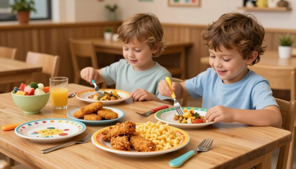 A vibrant children's meal setting featuring a selection of colorful dishes ideal for picky eaters. In the foreground, a cheerful wooden table displays a variety of delicious choices: a plate of mac and cheese, chicken tenders, and a side of fruit salad. Accompanying the meals are playful utensils and cheerful plates with cartoon designs. The middle ground shows two kids sitting at the table, wearing modest casual clothing, happily choosing their meals with smiles on their faces. In the background, a cozy restaurant atmosphere captures warm wooden accents and soft lighting, creating an inviting ambiance. The scene conveys a sense of joy and delight in exploring meal options, with a focus on comfort and fun. A vibrant children's meal setting featuring a selection of colorful dishes ideal for picky eaters. In the foreground, a cheerful wooden table displays a variety of delicious choices: a plate of mac and cheese, chicken tenders, and a side of fruit salad. Accompanying the meals are playful utensils and cheerful plates with cartoon designs. The middle ground shows two kids sitting at the table, wearing modest casual clothing, happily choosing their meals with smiles on their faces. In the background, a cozy restaurant atmosphere captures warm wooden accents and soft lighting, creating an inviting ambiance. The scene conveys a sense of joy and delight in exploring meal options, with a focus on comfort and fun.