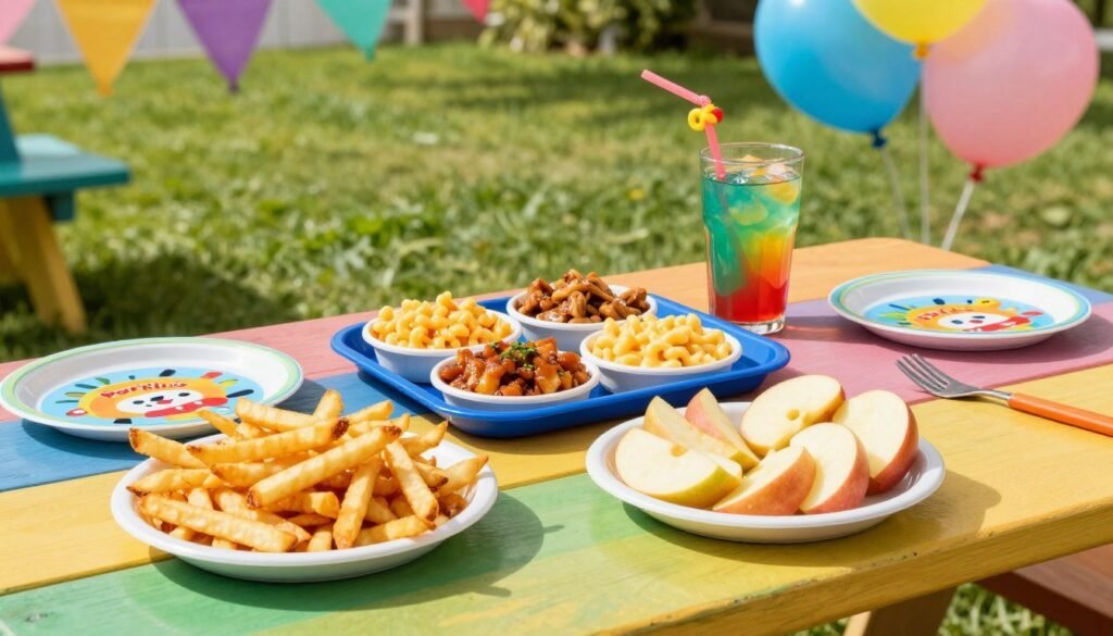 A vibrant children's meal spread featuring Portillo's tasty side dish options, prominently displayed on a colorful picnic table. In the foreground, a variety of bright and appealing dishes: crispy French fries, creamy macaroni and cheese, and fresh apple slices in fun shapes. In the middle, a classic kids' tray with a small portion of each side, enticingly arranged and accompanied by a colorful drink with a playful straw. The background shows a sunny outdoor setting with lush green grass and cheerful decorations like balloons and cartoon-themed tableware. The lighting is bright and cheerful, casting soft shadows that highlight the delicious food. Capture the joyful and inviting atmosphere that appeals to kids and families alike. A vibrant children's meal spread featuring Portillo's tasty side dish options, prominently displayed on a colorful picnic table. In the foreground, a variety of bright and appealing dishes: crispy French fries, creamy macaroni and cheese, and fresh apple slices in fun shapes. In the middle, a classic kids' tray with a small portion of each side, enticingly arranged and accompanied by a colorful drink with a playful straw. The background shows a sunny outdoor setting with lush green grass and cheerful decorations like balloons and cartoon-themed tableware. The lighting is bright and cheerful, casting soft shadows that highlight the delicious food. Capture the joyful and inviting atmosphere that appeals to kids and families alike.