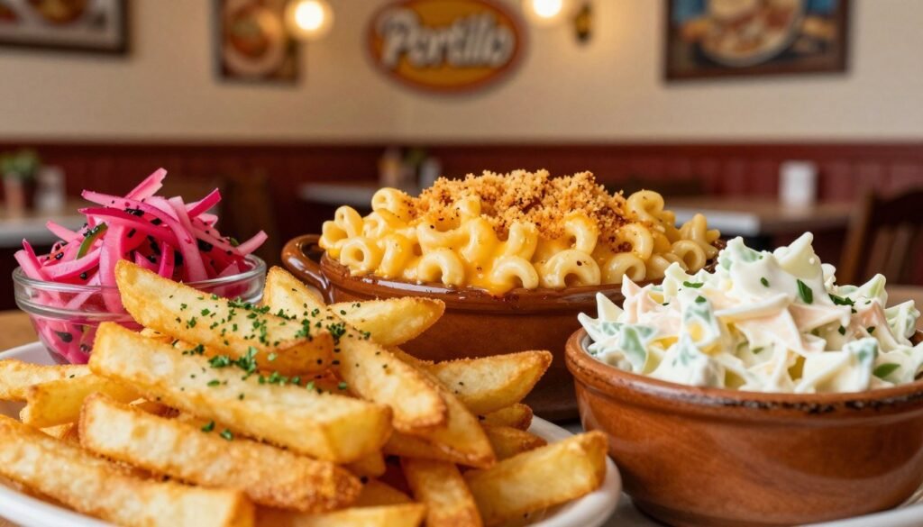 A vibrant display of Portillo's exclusive side dishes, featuring a variety of colorful and appetizing offerings. In the foreground, a heaping portion of crispy, golden french fries sprinkled with fresh herbs, next to a classic creamy coleslaw in a rustic bowl. In the middle, a rich, cheesy side of baked macaroni topped with breadcrumbs, and a serving of tangy giardiniera for a burst of flavor. The background showcases a warm, inviting diner ambiance with soft lighting and vintage decor, highlighting the nostalgic feel of the restaurant. The overall mood is cheerful and satisfying, inviting the viewer to explore these unexpected culinary delights. Capture this scene with a shallow depth of field, using a warm color palette to enhance the appealing textures and colors of the food.