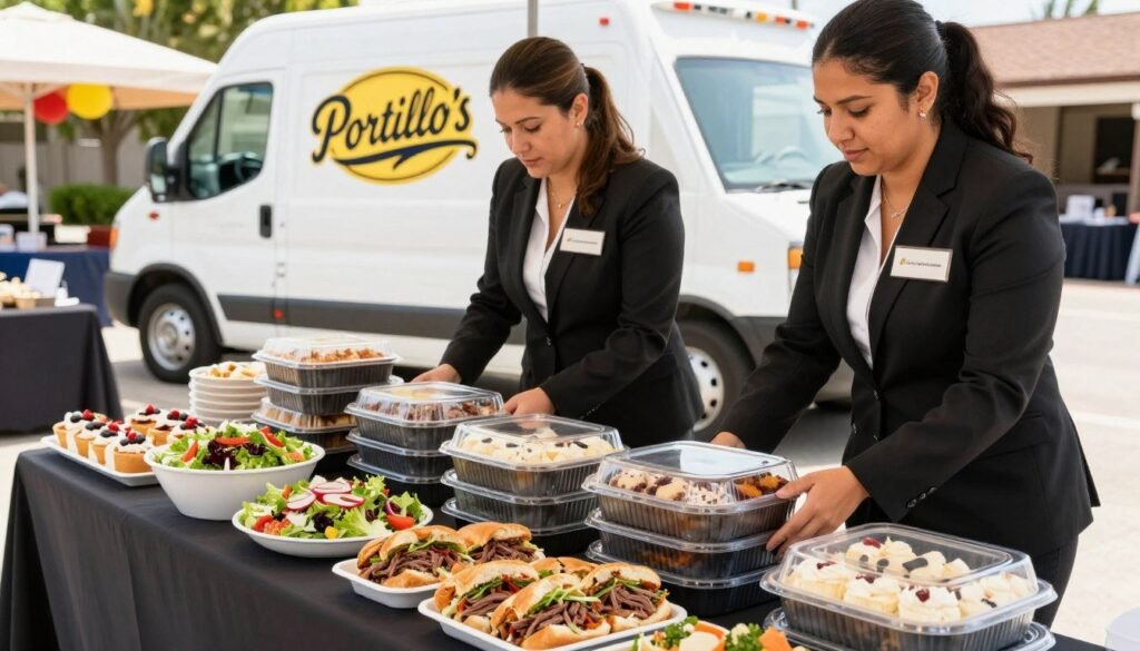 A vibrant, inviting scene depicting a Portillo's catering delivery setup. In the foreground, a beautifully arranged catering table showcases a variety of Portillo's signature dishes, including Italian beef sandwiches, fresh salads, and decadent desserts, all presented in elegant disposable containers. Two professionals in smart business attire are carefully arranging the food items, exuding a sense of preparation and excitement. The middle ground features a catering delivery vehicle branded with the Portillo's logo, parked nearby, suggesting convenience and accessibility. In the background, a sunny outdoor event setting with decorations adds to the festive atmosphere. Bright, natural lighting enhances the colors of the food, creating a warm and welcoming mood for viewers, emphasizing the ease of ordering Portillo's catering for any event.
