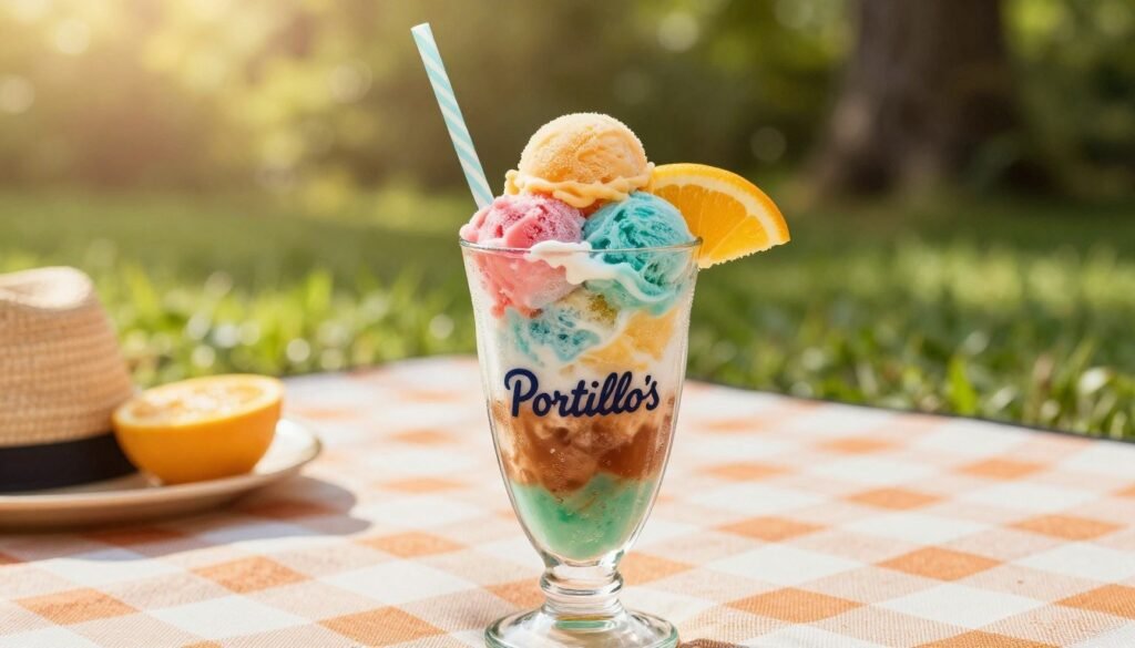 A vibrant, refreshing Portillo's Italian Ice Float featuring a colorful blend of Italian ice scoops sitting atop a frothy root beer. In the foreground, the float is presented in a clear tall glass embellished with a playful straw and a wedge of citrus for a pop of color. The glass is adorned with a hint of condensation to emphasize the coldness of the drink. In the middle background, a whimsical setting of a summer picnic with soft-focus greenery and a picnic blanket can be seen. The sunlight filters through the trees, casting a warm, inviting glow on the scene, enhancing the fun, carefree atmosphere. Capture the image from a slightly elevated angle to showcase the layers of the float, creating an appealing and appetizing look.
