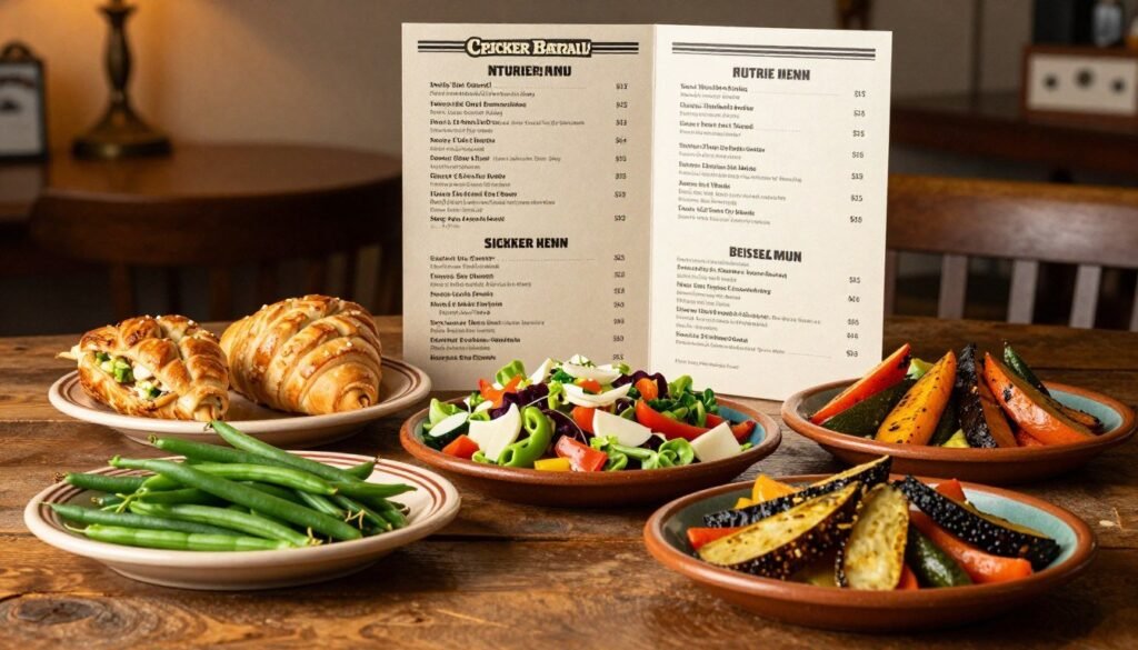 A visually appealing Cracker Barrel menu spread showcasing a variety of healthy side dishes in a rustic wooden setting. In the foreground, an elegantly arranged selection of nutritious sides, such as fresh green beans, a colorful garden salad, and roasted vegetables, placed on charming country-style plates. The middle ground features a classic Cracker Barrel nutrition menu, with sections highlighting various side options, artistically laid out, but without any visible text. In the background, soft, warm lighting enhances the inviting atmosphere, with a hint of vintage decor typical to Cracker Barrel. The scene is captured from a slight overhead angle, giving a comprehensive view of the meal choices, evoking a sense of warmth and comfort associated with wholesome dining experiences. A visually appealing Cracker Barrel menu spread showcasing a variety of healthy side dishes in a rustic wooden setting. In the foreground, an elegantly arranged selection of nutritious sides, such as fresh green beans, a colorful garden salad, and roasted vegetables, placed on charming country-style plates. The middle ground features a classic Cracker Barrel nutrition menu, with sections highlighting various side options, artistically laid out, but without any visible text. In the background, soft, warm lighting enhances the inviting atmosphere, with a hint of vintage decor typical to Cracker Barrel. The scene is captured from a slight overhead angle, giving a comprehensive view of the meal choices, evoking a sense of warmth and comfort associated with wholesome dining experiences.