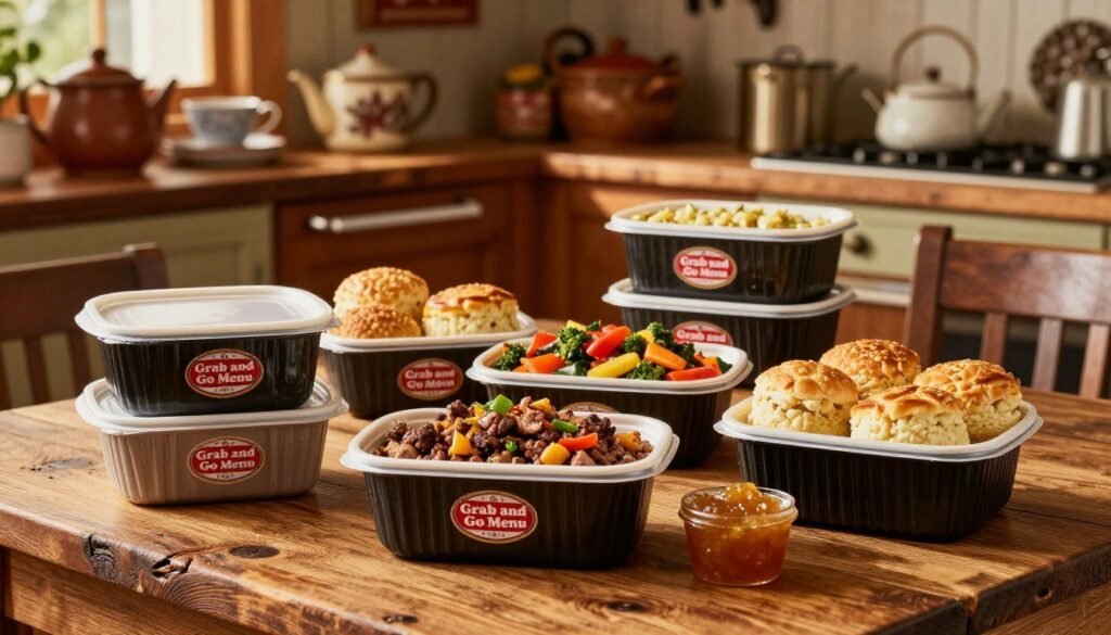 A visually appealing display of Cracker Barrel's "Grab and Go Menu" items, set on a rustic wooden table that evokes comfort and familiarity. In the foreground, showcase a variety of take-out containers, featuring popular comfort foods like hearty meatloaf, seasoned vegetables, and fluffy biscuits, arranged artfully with a small side of apple butter. The middle section focuses on a cozy, inviting atmosphere with warm, soft lighting that mimics the feel of a sunlit cabin. In the background, subtle hints of the restaurant’s décor, like vintage kitchenware and country-themed accents, enhance the ambiance without overpowering the food. The overall mood is warm and welcoming, perfect for showcasing hearty, homestyle meals meant for quick pick-up. Use a shallow depth of field to keep the focus on the food while gently blurring the background. A visually appealing display of Cracker Barrel's "Grab and Go Menu" items, set on a rustic wooden table that evokes comfort and familiarity. In the foreground, showcase a variety of take-out containers, featuring popular comfort foods like hearty meatloaf, seasoned vegetables, and fluffy biscuits, arranged artfully with a small side of apple butter. The middle section focuses on a cozy, inviting atmosphere with warm, soft lighting that mimics the feel of a sunlit cabin. In the background, subtle hints of the restaurant’s décor, like vintage kitchenware and country-themed accents, enhance the ambiance without overpowering the food. The overall mood is warm and welcoming, perfect for showcasing hearty, homestyle meals meant for quick pick-up. Use a shallow depth of field to keep the focus on the food while gently blurring the background.