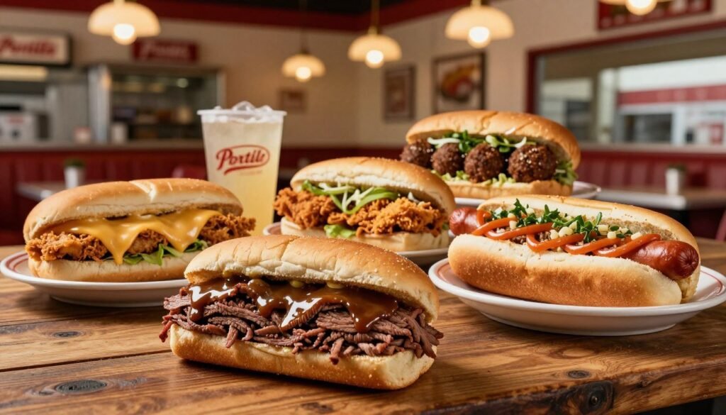 A visually appealing display of Portillo's sandwich options, featuring a variety of freshly prepared sandwiches on a rustic wooden table. In the foreground, showcase a classic Italian beef sandwich, glistening with au jus, alongside a Chicago-style hot dog loaded with toppings. In the middle ground, illustrate a colorful array of sandwiches, including a cheesesteak, a crispy chicken sandwich, and a meatball sub. The background should be a soft-focus diner setting with vintage decor, warmly lit by pendant lights, creating an inviting atmosphere. Capture the image at a slightly elevated angle to emphasize the layers of the sandwiches. The mood is casual and deliciously enticing, evoking a sense of comfort and nostalgia.