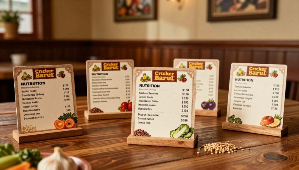 A visually appealing layout showcasing Cracker Barrel's nutrition information, featuring a wooden table surface in the foreground. Nutritional data cards, elegantly designed with a rustic charm, display key menu items and their hidden calorie counts, surrounded by fresh, wholesome ingredients like vegetables and grains. In the middle ground, an inviting vintage atmosphere is enhanced by soft, warm lighting casting gentle shadows, creating a homely feel. The background subtly hints at the inside of a Cracker Barrel restaurant with warm wood paneling and country-themed decor, evoking a sense of comfort. The overall mood is informative yet welcoming, ideal for health-conscious diners looking for transparency in nutrition. Ensure no human figures are present in the image. A visually appealing layout showcasing Cracker Barrel's nutrition information, featuring a wooden table surface in the foreground. Nutritional data cards, elegantly designed with a rustic charm, display key menu items and their hidden calorie counts, surrounded by fresh, wholesome ingredients like vegetables and grains. In the middle ground, an inviting vintage atmosphere is enhanced by soft, warm lighting casting gentle shadows, creating a homely feel. The background subtly hints at the inside of a Cracker Barrel restaurant with warm wood paneling and country-themed decor, evoking a sense of comfort. The overall mood is informative yet welcoming, ideal for health-conscious diners looking for transparency in nutrition. Ensure no human figures are present in the image.