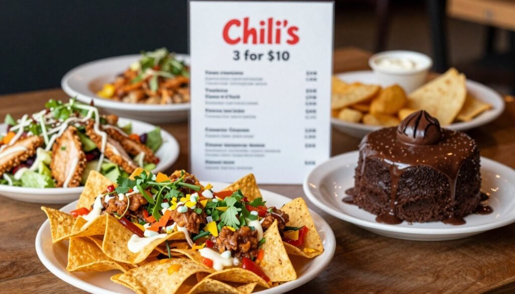 A visually appealing table setting featuring Chili's 3 for $10 menu items, including a selection of delicious appetizers, main courses, and desserts arranged neatly. In the foreground, focus on a vibrant plate of loaded nachos, a crispy chicken salad, and a chocolate molten cake, garnished attractively with fresh herbs and colorful sauces. In the middle, showcase the menu itself, with blurred outlines of additional dishes in the background, hinting at the value and variety available. Soft, natural lighting enhances the richness of the food and highlights textures, while a warm atmosphere conveys a cozy dining experience. Shot from a slightly elevated angle to capture the full layout, the scene evokes a sense of appetizing indulgence and value, perfect for conveying a delightful dining option. A visually appealing table setting featuring Chili's 3 for $10 menu items, including a selection of delicious appetizers, main courses, and desserts arranged neatly. In the foreground, focus on a vibrant plate of loaded nachos, a crispy chicken salad, and a chocolate molten cake, garnished attractively with fresh herbs and colorful sauces. In the middle, showcase the menu itself, with blurred outlines of additional dishes in the background, hinting at the value and variety available. Soft, natural lighting enhances the richness of the food and highlights textures, while a warm atmosphere conveys a cozy dining experience. Shot from a slightly elevated angle to capture the full layout, the scene evokes a sense of appetizing indulgence and value, perfect for conveying a delightful dining option.