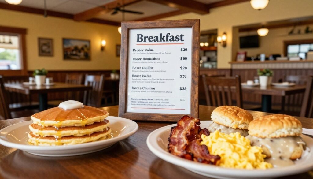 A warm and inviting Cracker Barrel breakfast scene featuring a wooden table filled with various breakfast items. In the foreground, display beautifully plated signature dishes like fluffy pancakes, crispy bacon, scrambled eggs, and home-style biscuits with gravy. In the middle, include a rustic menu board highlighting breakfast prices in an appealing, easy-to-read format, showcasing the best value items. The background features a cozy interior of a Cracker Barrel restaurant with charming decor, soft yellow lighting, and wooden beams that create a homely atmosphere. Capture the scene from a slight overhead angle to provide a comprehensive view while ensuring the image feels inviting and appetizing. Emphasize the warmth and comfort of a family-friendly dining experience.