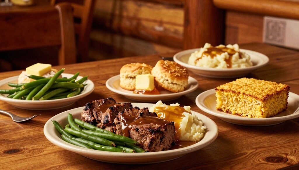 A warm and inviting Cracker Barrel dinner scene set on a rustic wooden table, featuring a variety of homestyle dishes. In the foreground, a classic meatloaf, surrounded by vibrant green beans, creamy mashed potatoes topped with gravy, and a side of cornbread. In the middle, a freshly baked biscuit served with butter and honey. The background includes a cozy cabin-like interior with wooden beams and warm lighting casting a golden glow over the table. The atmosphere is relaxed and homely, evoking a sense of comfort and nostalgia. The scene is captured from a slightly elevated angle, allowing a comprehensive view of the delectable spread while emphasizing the inviting ambiance of the restaurant. A warm and inviting Cracker Barrel dinner scene set on a rustic wooden table, featuring a variety of homestyle dishes. In the foreground, a classic meatloaf, surrounded by vibrant green beans, creamy mashed potatoes topped with gravy, and a side of cornbread. In the middle, a freshly baked biscuit served with butter and honey. The background includes a cozy cabin-like interior with wooden beams and warm lighting casting a golden glow over the table. The atmosphere is relaxed and homely, evoking a sense of comfort and nostalgia. The scene is captured from a slightly elevated angle, allowing a comprehensive view of the delectable spread while emphasizing the inviting ambiance of the restaurant.