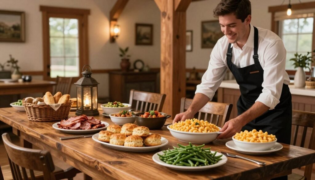 A warm, inviting scene showcasing a beautifully arranged table filled with an assortment of hearty Cracker Barrel catering dishes, such as biscuits, country ham, mac and cheese, and green beans. In the foreground, a friendly server dressed in a professional outfit is placing a dish on the table, suggesting an atmosphere of hospitality and service. The middle ground features a picturesque wooden table set for a gathering, surrounded by rustic decor like lanterns and woven baskets, enhancing the homey feel. In the background, a softly lit room with wooden beams and country-themed decor provides context, evoking a sense of comfort and community. The lighting is warm and inviting, capturing the essence of wholesome family gatherings. The overall mood is cheerful and welcoming, perfect for planning a special event.