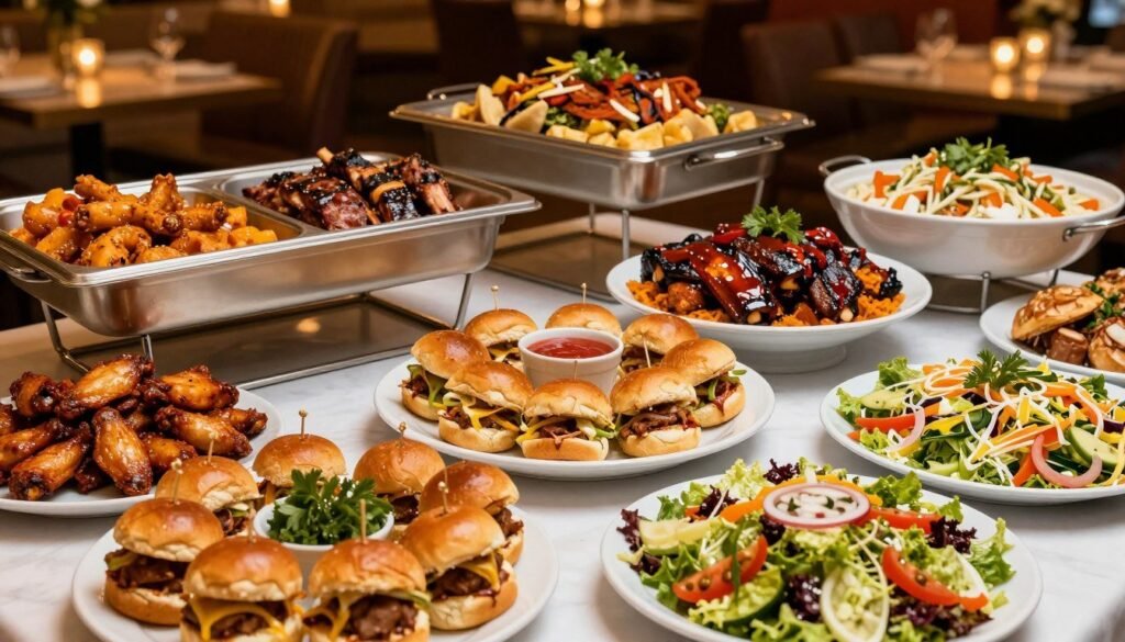 An elegant display of Chili's catering packages, featuring a well-arranged table filled with a variety of dishes. In the foreground, showcase a vibrant selection of appetizers like buffalo wings, sliders, and fresh garden salads, artfully garnished. In the middle ground, include eye-catching platters of main dishes such as ribs, chicken fajitas, and sizzling sides, all served in elegant catering trays. The background should feature a warm, inviting restaurant atmosphere with soft lighting, creating a cozy setting. Use a wide-angle lens to capture the entire spread, emphasizing the abundance and enticing presentation of the food. The mood should be vibrant and festive, perfect for any occasion. No people should be present in the scene.