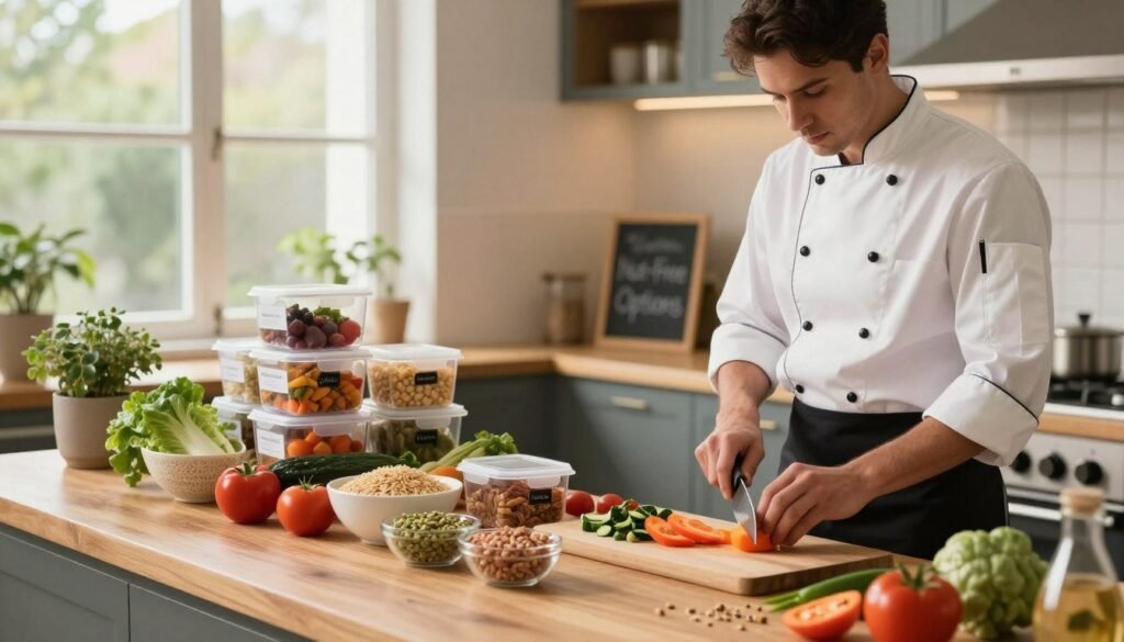 An organized kitchen setting focused on nut-free menu preparation, featuring a wooden countertop with an array of fresh, vibrant ingredients like vegetables, grains, and proteins carefully arranged. In the foreground, a chef in professional attire is skillfully chopping vegetables with a focused expression. The middle includes neatly labeled containers with allergen-free meal components, hinting at a variety of dishes. The background is softly lit with warm, inviting light coming from large windows, enhancing the cozy atmosphere of the kitchen. A hint of green plants in pots adds freshness, while a chalkboard in the corner lists 'Nut-Free Options'. The overall mood is safe, inviting, and professional, emphasizing allergen safety and culinary creativity.